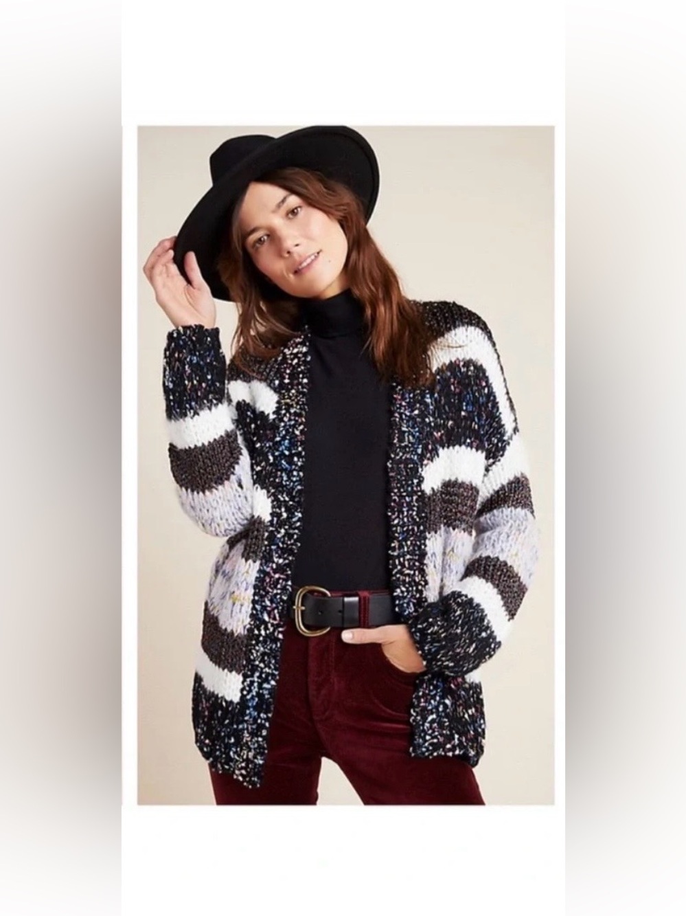 Heartloom Anthropologie Chunky Open Front Cardigan Black Stripe Metallic XS